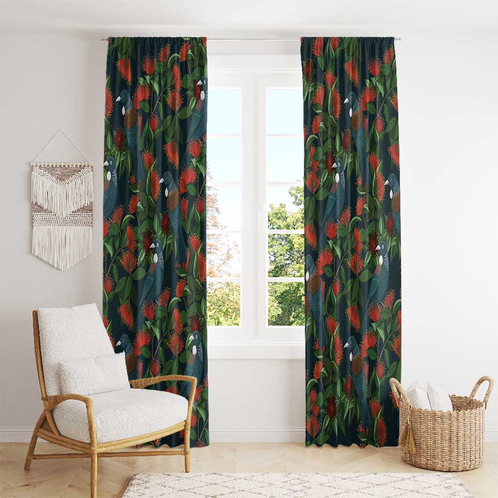 New Zealand Christmas Window Curtain Romantic Tui Birds on Pohutukawa - Cobalt - Polynesian Pride