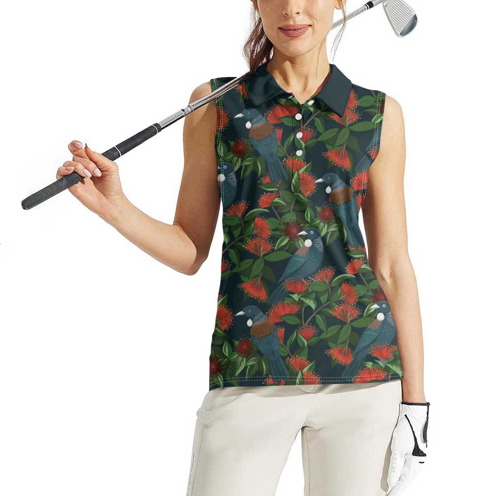 New Zealand Christmas Women Sleeveless Polo Shirt Romantic Tui Birds on Pohutukawa - Cobalt LT7 - Polynesian Pride