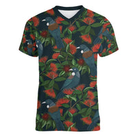 New Zealand Christmas Women V-Neck T-Shirt Romantic Tui Birds on Pohutukawa - Cobalt LT7 Female Cobalt - Polynesian Pride