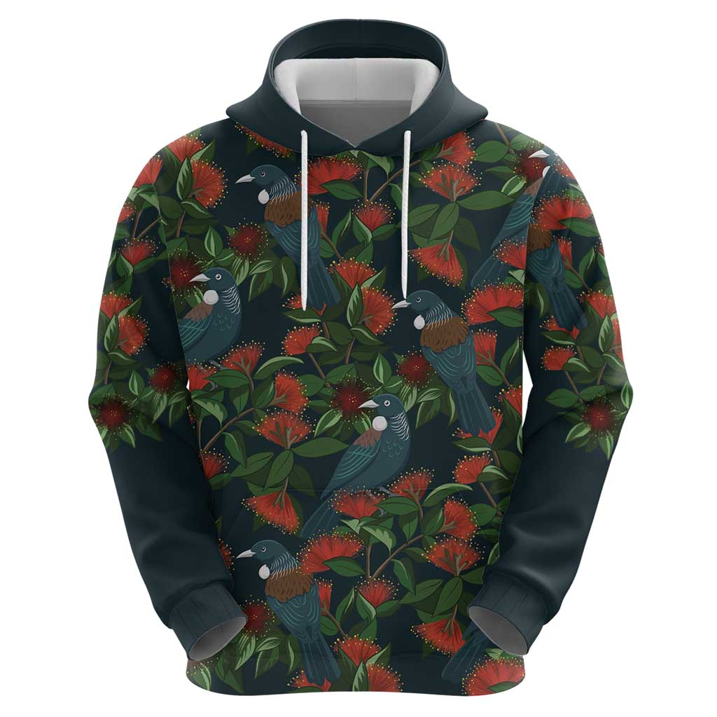 New Zealand Christmas Zip Hoodie Romantic Tui Birds on Pohutukawa - Cobalt LT7 - Polynesian Pride