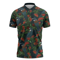 New Zealand Christmas Zipper Polo Shirt Romantic Tui Birds on Pohutukawa - Cobalt LT7 Cobalt - Polynesian Pride
