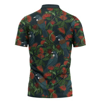 New Zealand Christmas Zipper Polo Shirt Romantic Tui Birds on Pohutukawa - Cobalt LT7 - Polynesian Pride