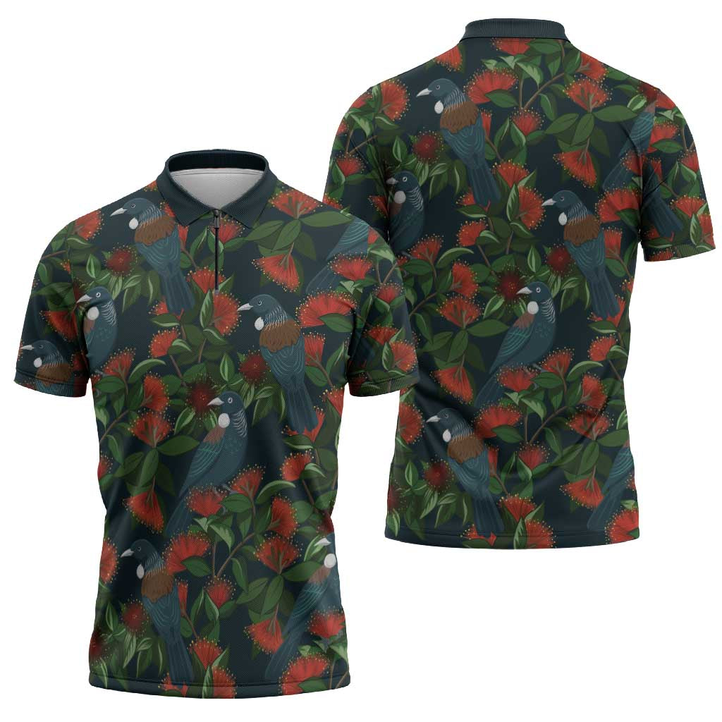 New Zealand Christmas Zipper Polo Shirt Romantic Tui Birds on Pohutukawa - Cobalt LT7 - Polynesian Pride