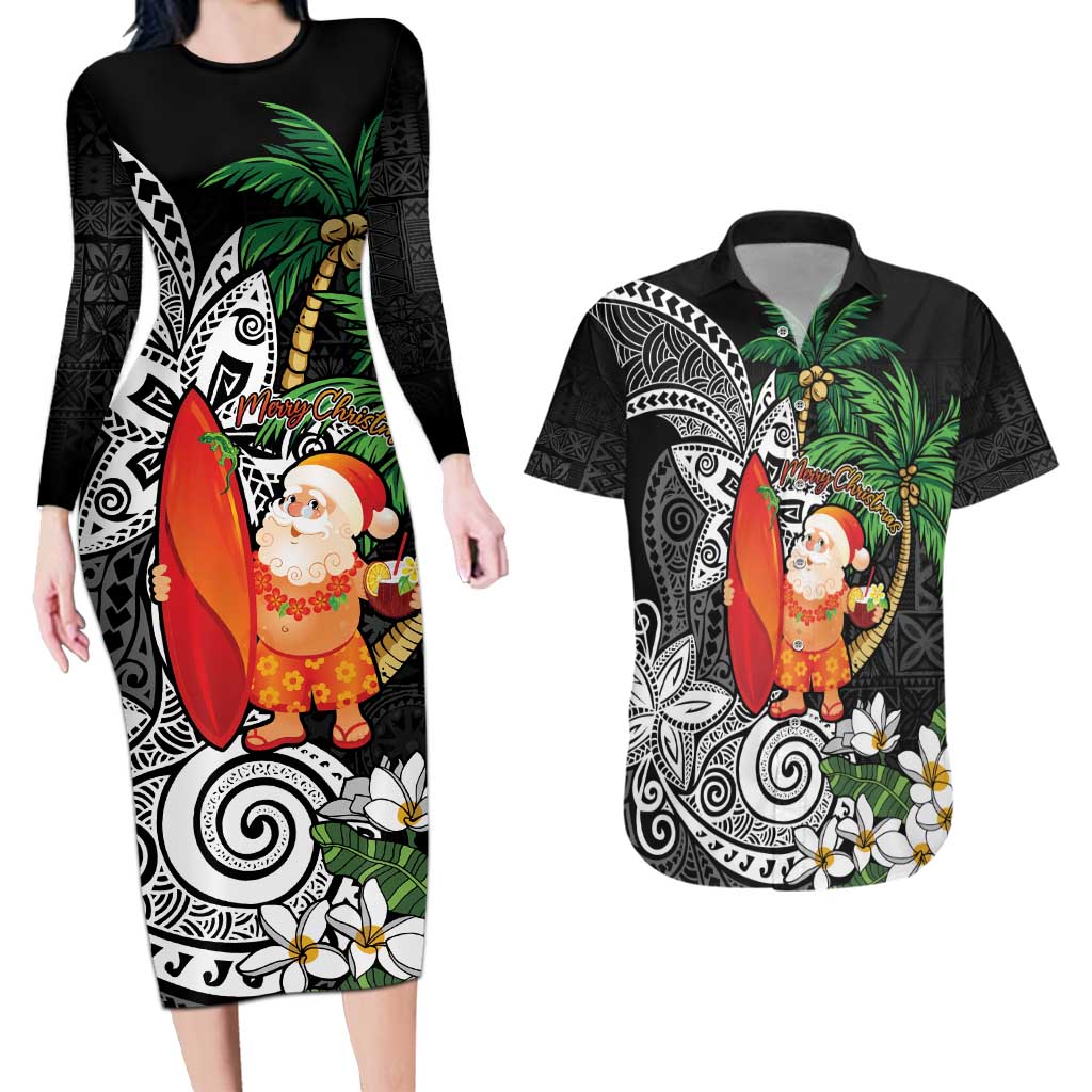 Polynesian Couples Matching Long Sleeve Bodycon Dress and Hawaiian Shirt Tropical Santa - Plumeria Black Vintage LT7 Black - Polynesian Pride
