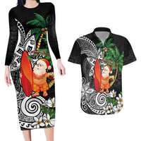 Polynesian Couples Matching Long Sleeve Bodycon Dress and Hawaiian Shirt Tropical Santa - Plumeria Black Vintage LT7 Black - Polynesian Pride