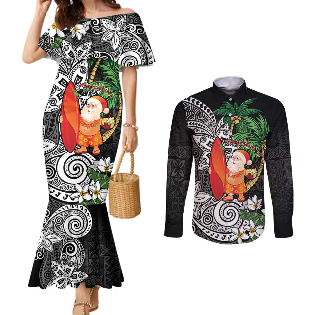 Polynesian Couples Matching Mermaid Dress and Long Sleeve Button Shirt Tropical Santa - Plumeria Black Vintage LT7 Black - Polynesian Pride