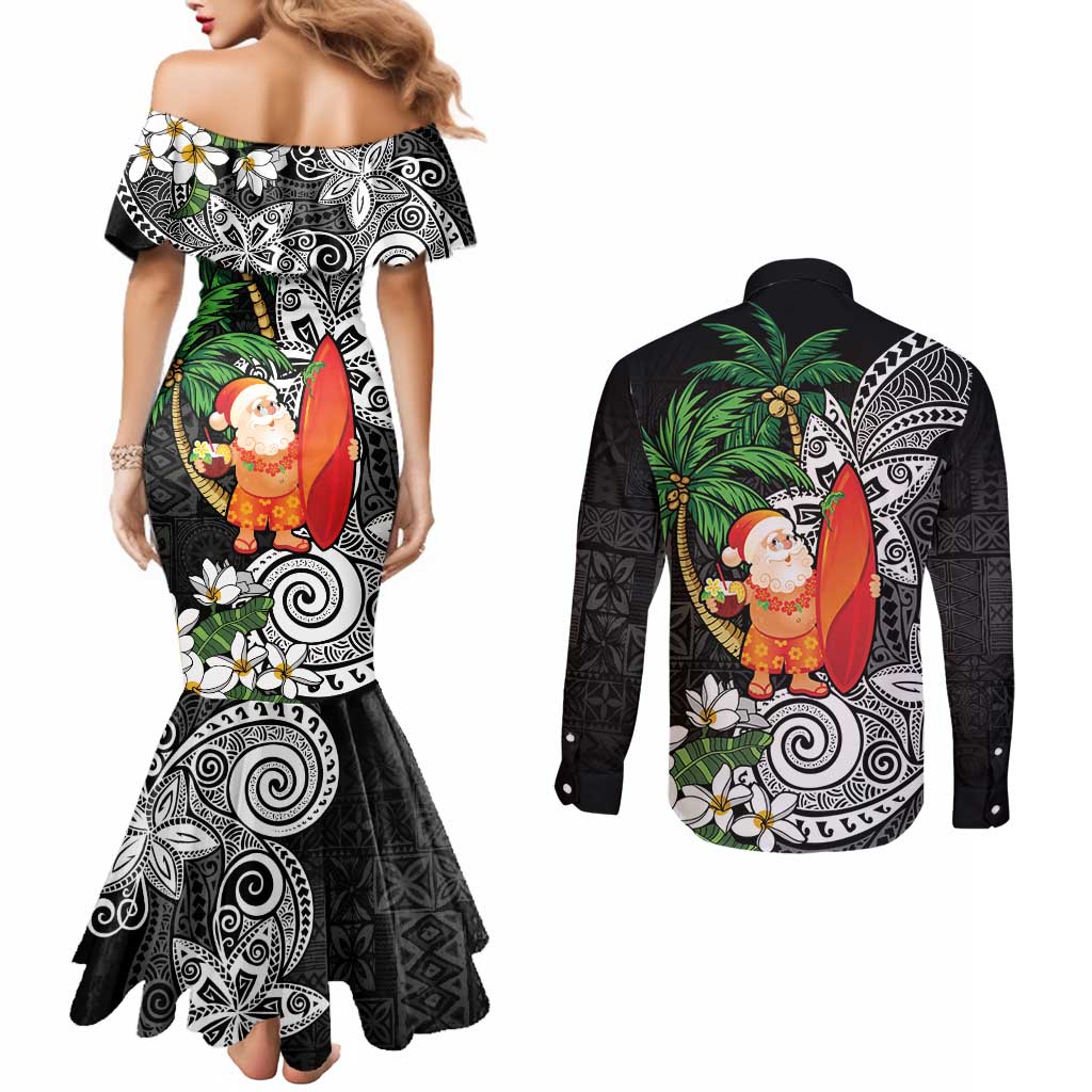 Polynesian Couples Matching Mermaid Dress and Long Sleeve Button Shirt Tropical Santa - Plumeria Black Vintage LT7 - Polynesian Pride