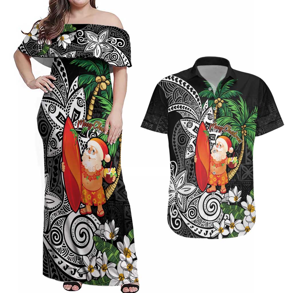 Polynesian Couples Matching Off Shoulder Maxi Dress and Hawaiian Shirt Tropical Santa - Plumeria Black Vintage LT7 Black - Polynesian Pride