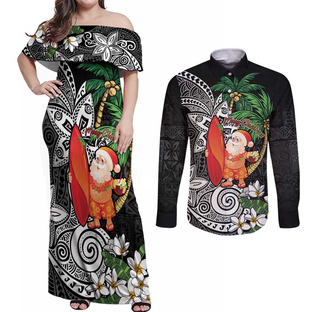 Polynesian Couples Matching Off Shoulder Maxi Dress and Long Sleeve Button Shirt Tropical Santa - Plumeria Black Vintage LT7 Black - Polynesian Pride