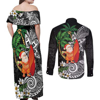 Polynesian Couples Matching Off Shoulder Maxi Dress and Long Sleeve Button Shirt Tropical Santa - Plumeria Black Vintage LT7 - Polynesian Pride