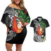 Polynesian Couples Matching Off Shoulder Short Dress and Hawaiian Shirt Tropical Santa - Plumeria Black Vintage LT7 Black - Polynesian Pride
