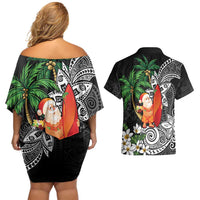 Polynesian Couples Matching Off Shoulder Short Dress and Hawaiian Shirt Tropical Santa - Plumeria Black Vintage LT7 - Polynesian Pride