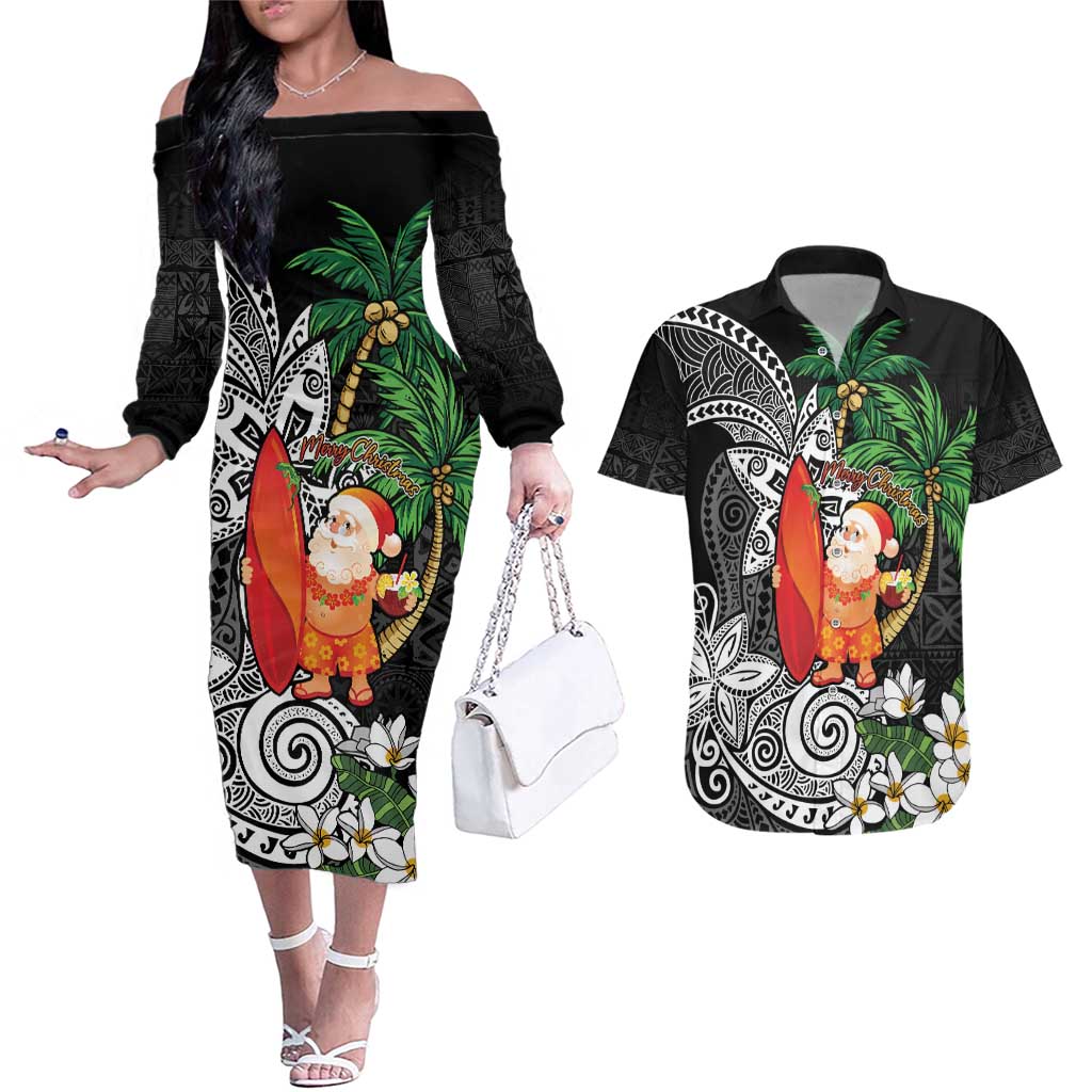 Polynesian Couples Matching Off The Shoulder Long Sleeve Dress and Hawaiian Shirt Tropical Santa - Plumeria Black Vintage LT7 Black - Polynesian Pride