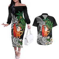 Polynesian Couples Matching Off The Shoulder Long Sleeve Dress and Hawaiian Shirt Tropical Santa - Plumeria Black Vintage LT7 Black - Polynesian Pride