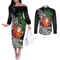 Polynesian Couples Matching Off The Shoulder Long Sleeve Dress and Long Sleeve Button Shirt Tropical Santa - Plumeria Black Vintage LT7 Black - Polynesian Pride