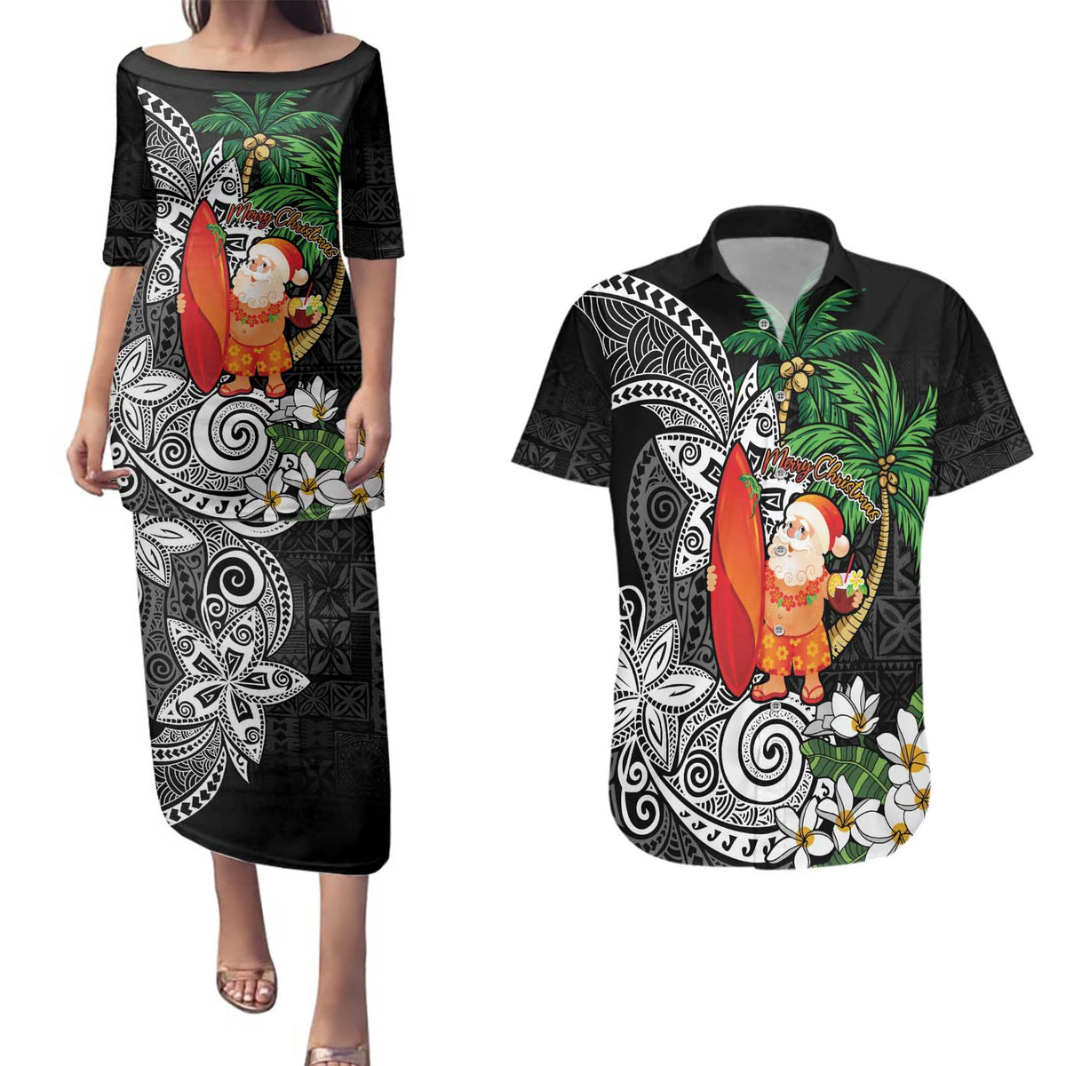 Polynesian Couples Matching Puletasi and Hawaiian Shirt Tropical Santa - Plumeria Black Vintage LT7 Black - Polynesian Pride