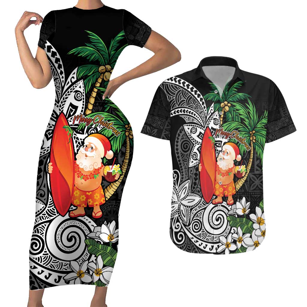 Polynesian Couples Matching Short Sleeve Bodycon Dress and Hawaiian Shirt Tropical Santa - Plumeria Black Vintage LT7 Black - Polynesian Pride
