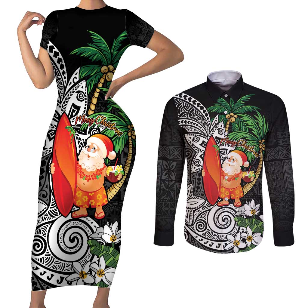 Polynesian Couples Matching Short Sleeve Bodycon Dress and Long Sleeve Button Shirt Tropical Santa - Plumeria Black Vintage LT7 Black - Polynesian Pride