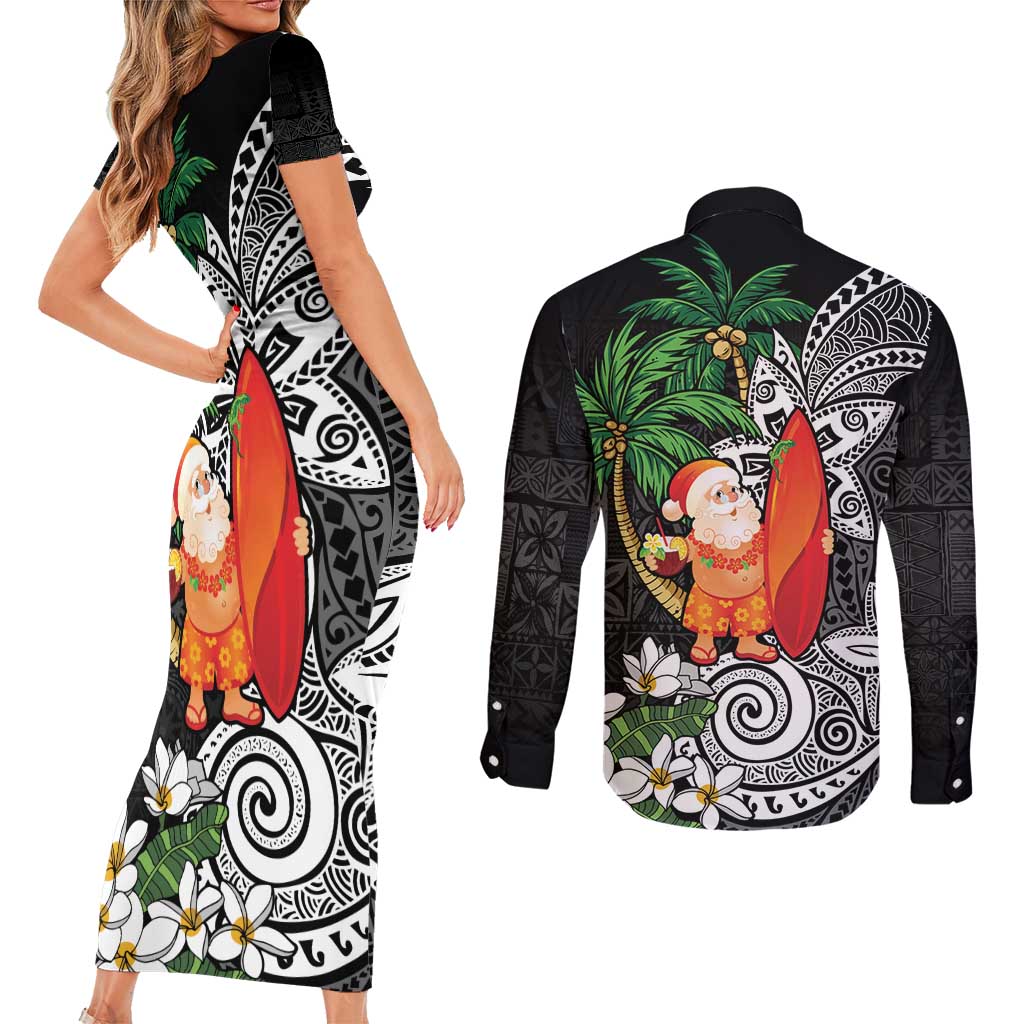 Polynesian Couples Matching Short Sleeve Bodycon Dress and Long Sleeve Button Shirt Tropical Santa - Plumeria Black Vintage LT7 - Polynesian Pride