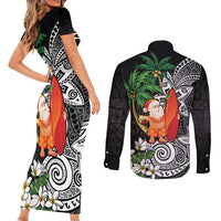 Polynesian Couples Matching Short Sleeve Bodycon Dress and Long Sleeve Button Shirt Tropical Santa - Plumeria Black Vintage LT7 - Polynesian Pride