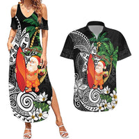 Polynesian Couples Matching Summer Maxi Dress and Hawaiian Shirt Tropical Santa - Plumeria Black Vintage LT7 Black - Polynesian Pride