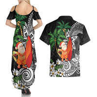 Polynesian Couples Matching Summer Maxi Dress and Hawaiian Shirt Tropical Santa - Plumeria Black Vintage LT7 - Polynesian Pride