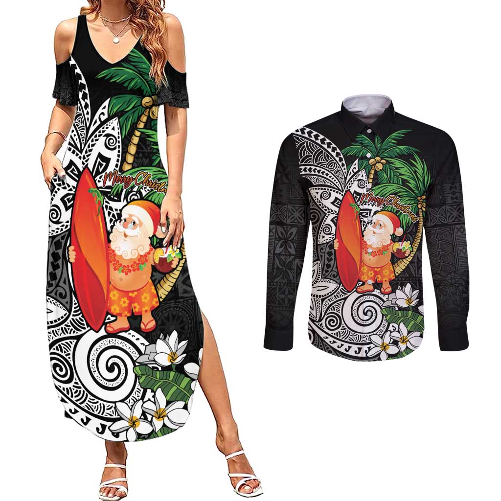 Polynesian Couples Matching Summer Maxi Dress and Long Sleeve Button Shirt Tropical Santa - Plumeria Black Vintage LT7 Black - Polynesian Pride