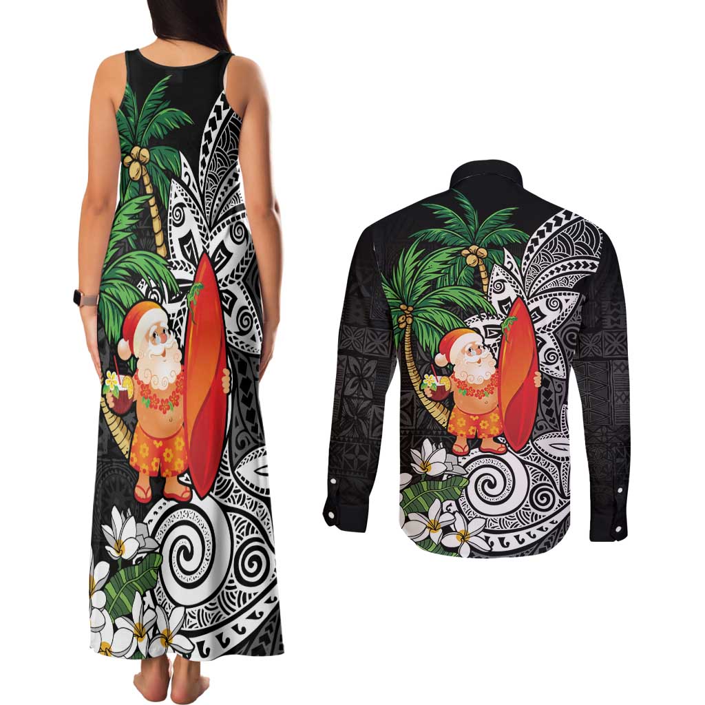 Polynesian Couples Matching Tank Maxi Dress and Long Sleeve Button Shirt Tropical Santa - Plumeria Black Vintage LT7 - Polynesian Pride