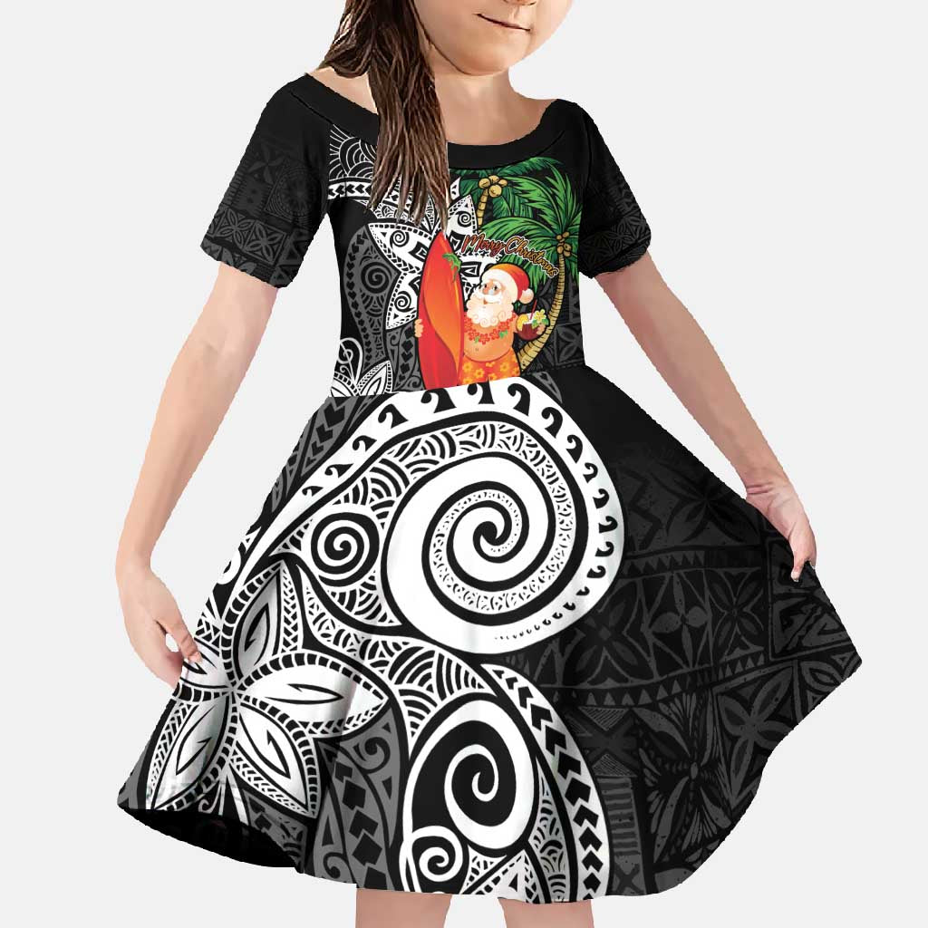 Polynesian Family Matching Long Sleeve Bodycon Dress and Hawaiian Shirt Tropical Santa - Plumeria Black Vintage LT7 Daughter's Dress Black - Polynesian Pride