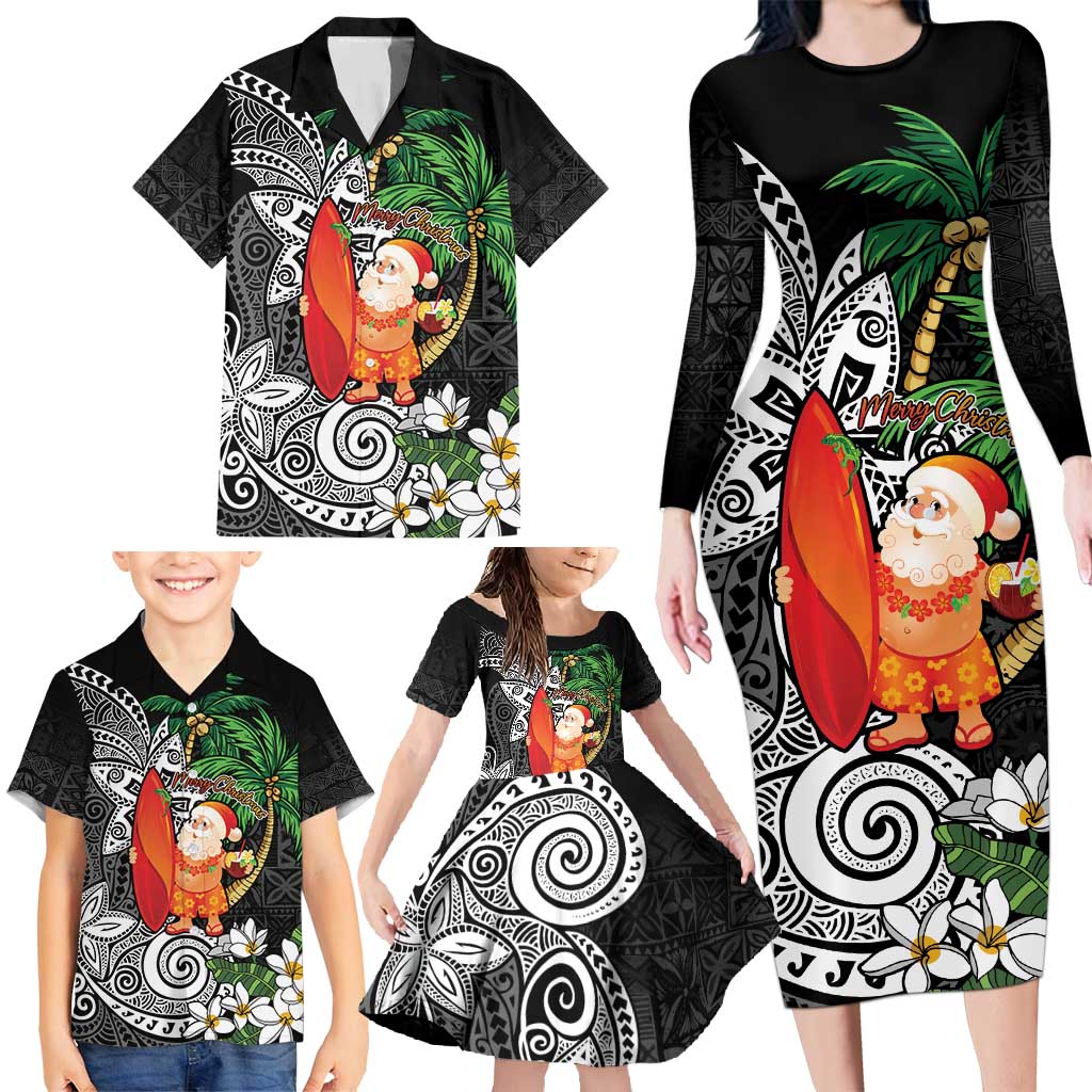 Polynesian Family Matching Long Sleeve Bodycon Dress and Hawaiian Shirt Tropical Santa - Plumeria Black Vintage LT7 - Polynesian Pride