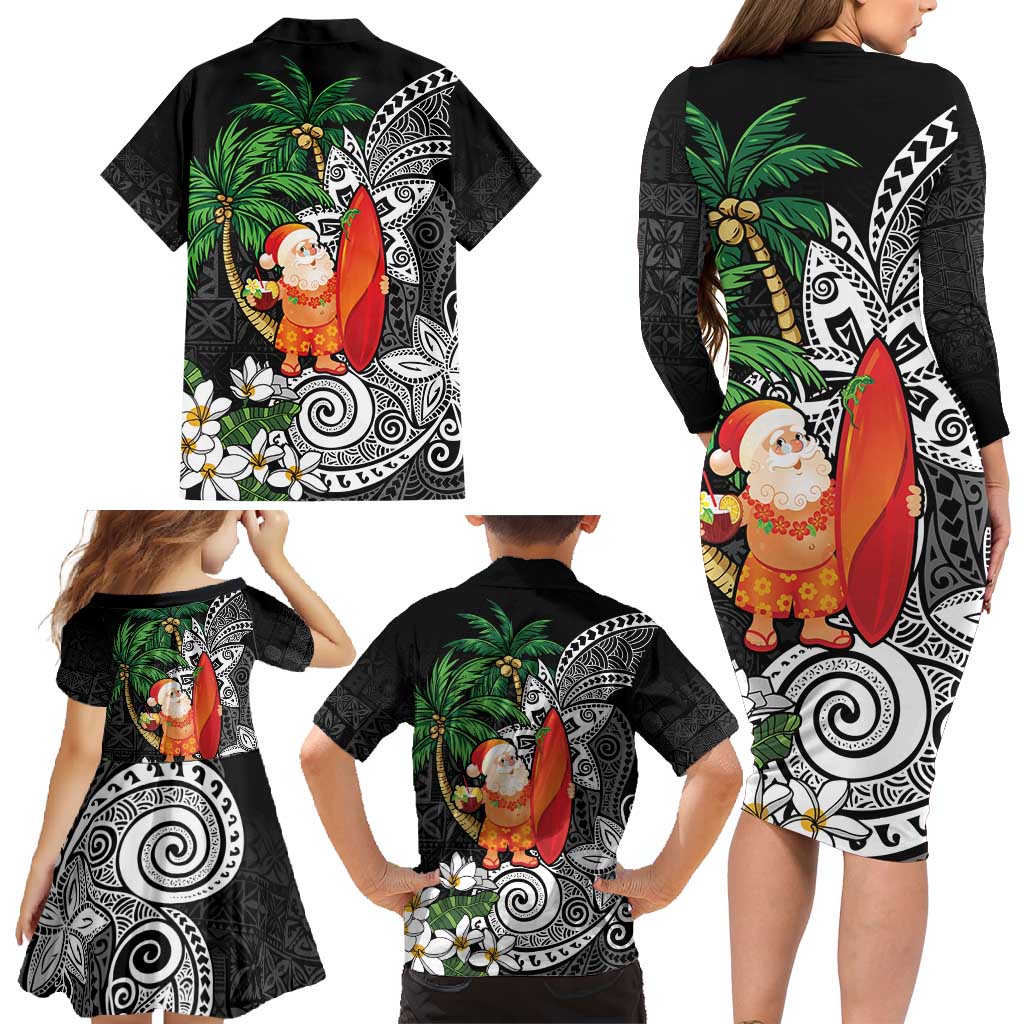 Polynesian Family Matching Long Sleeve Bodycon Dress and Hawaiian Shirt Tropical Santa - Plumeria Black Vintage LT7 - Polynesian Pride