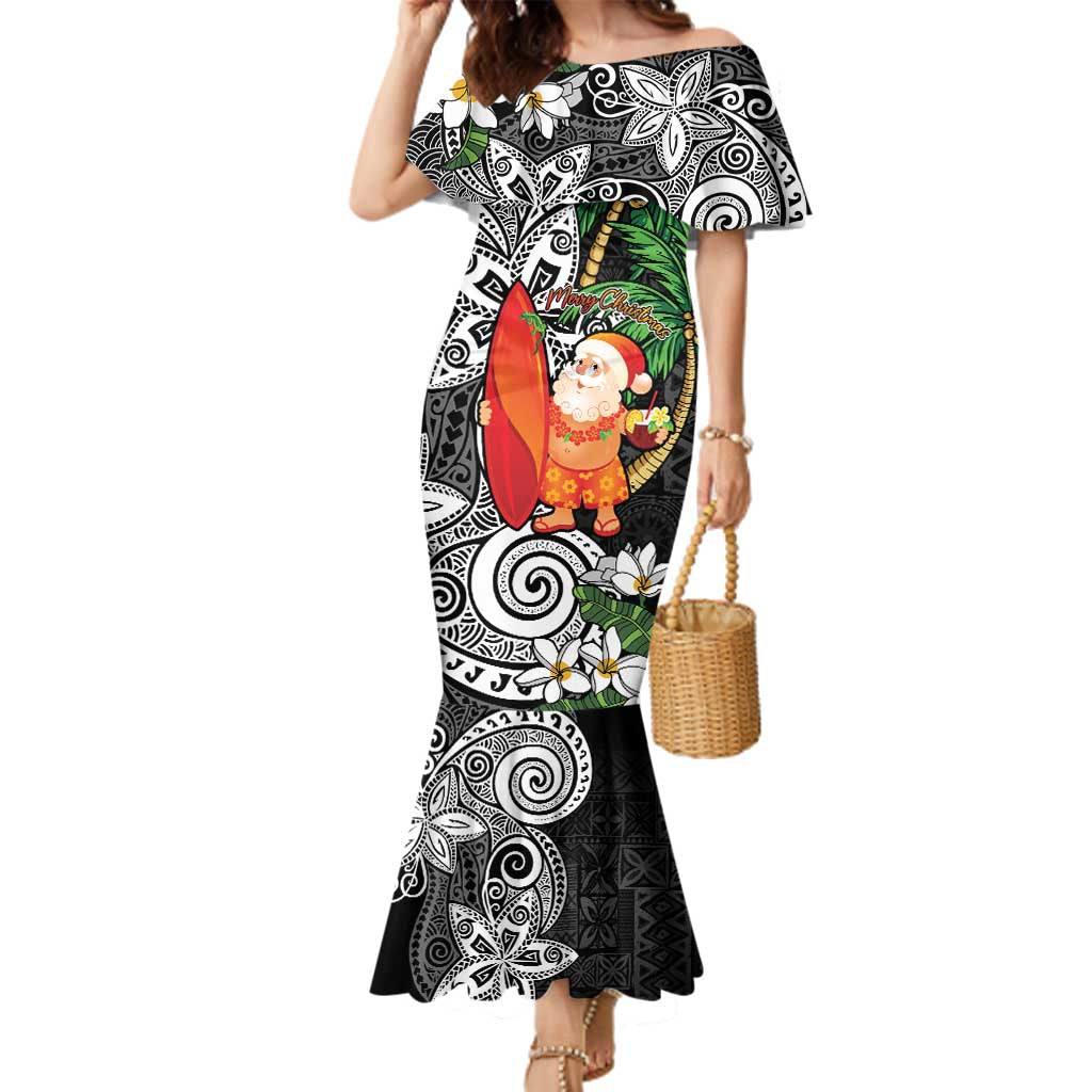 Polynesian Family Matching Mermaid Dress and Hawaiian Shirt Tropical Santa - Plumeria Black Vintage LT7 Mom's Dress Black - Polynesian Pride