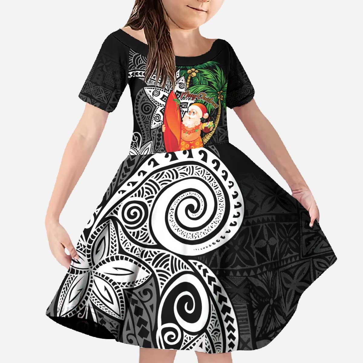 Polynesian Family Matching Off The Shoulder Long Sleeve Dress and Hawaiian Shirt Tropical Santa - Plumeria Black Vintage LT7 Daughter's Dress Black - Polynesian Pride