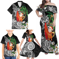 Polynesian Family Matching Off Shoulder Maxi Dress and Hawaiian Shirt Tropical Santa - Plumeria Black Vintage LT7 - Polynesian Pride