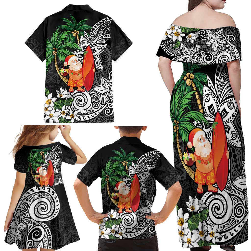 Polynesian Family Matching Off Shoulder Maxi Dress and Hawaiian Shirt Tropical Santa - Plumeria Black Vintage LT7 - Polynesian Pride