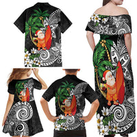 Polynesian Family Matching Off Shoulder Maxi Dress and Hawaiian Shirt Tropical Santa - Plumeria Black Vintage LT7 - Polynesian Pride