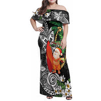 Polynesian Family Matching Off Shoulder Maxi Dress and Hawaiian Shirt Tropical Santa - Plumeria Black Vintage LT7 Mom's Dress Black - Polynesian Pride