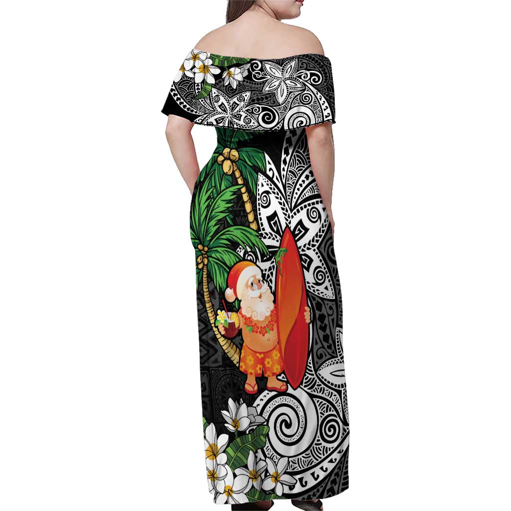 Polynesian Family Matching Off Shoulder Maxi Dress and Hawaiian Shirt Tropical Santa - Plumeria Black Vintage LT7 - Polynesian Pride