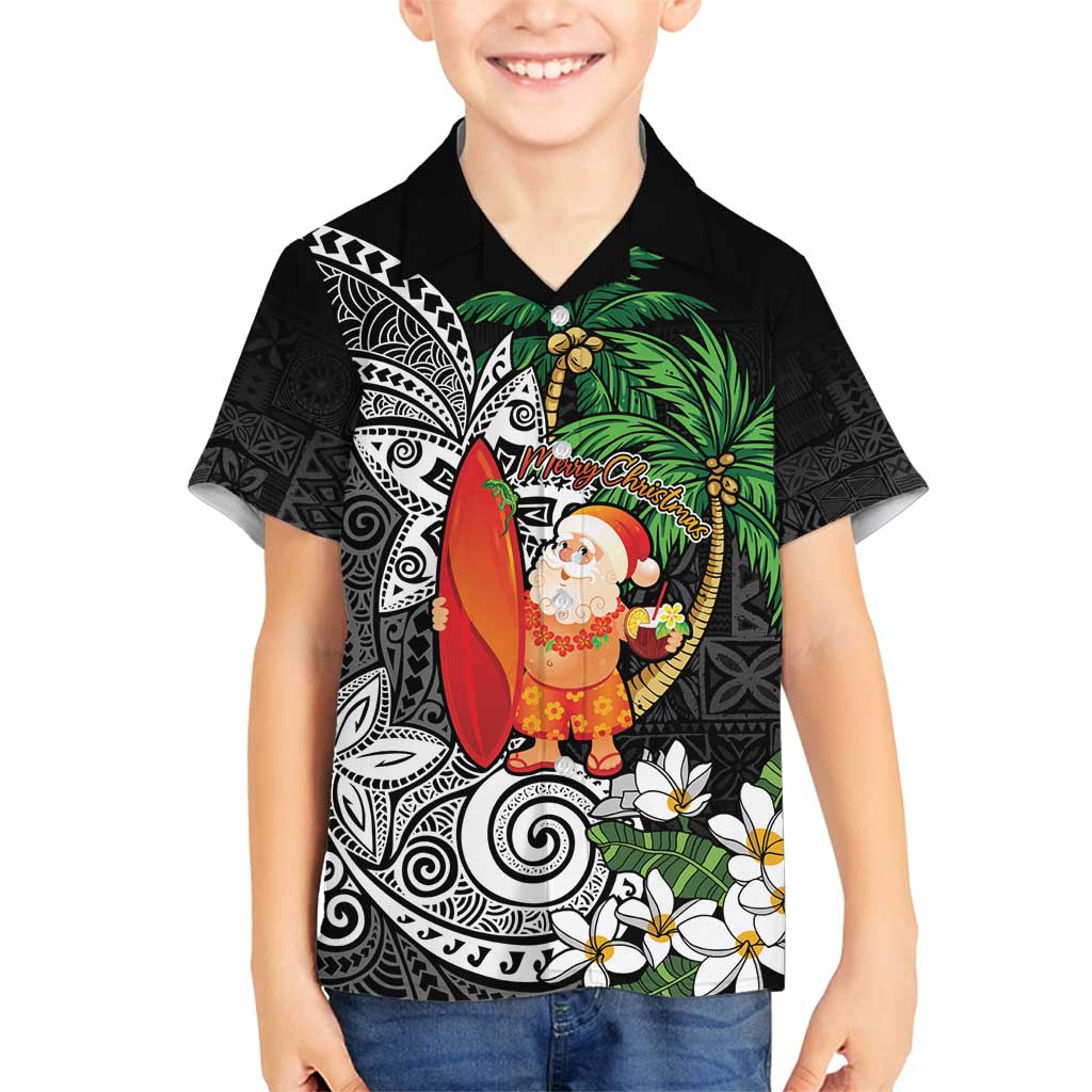 Polynesian Family Matching Off Shoulder Maxi Dress and Hawaiian Shirt Tropical Santa - Plumeria Black Vintage LT7 Son's Shirt Black - Polynesian Pride