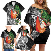 Polynesian Family Matching Off Shoulder Short Dress and Hawaiian Shirt Tropical Santa - Plumeria Black Vintage LT7 - Polynesian Pride