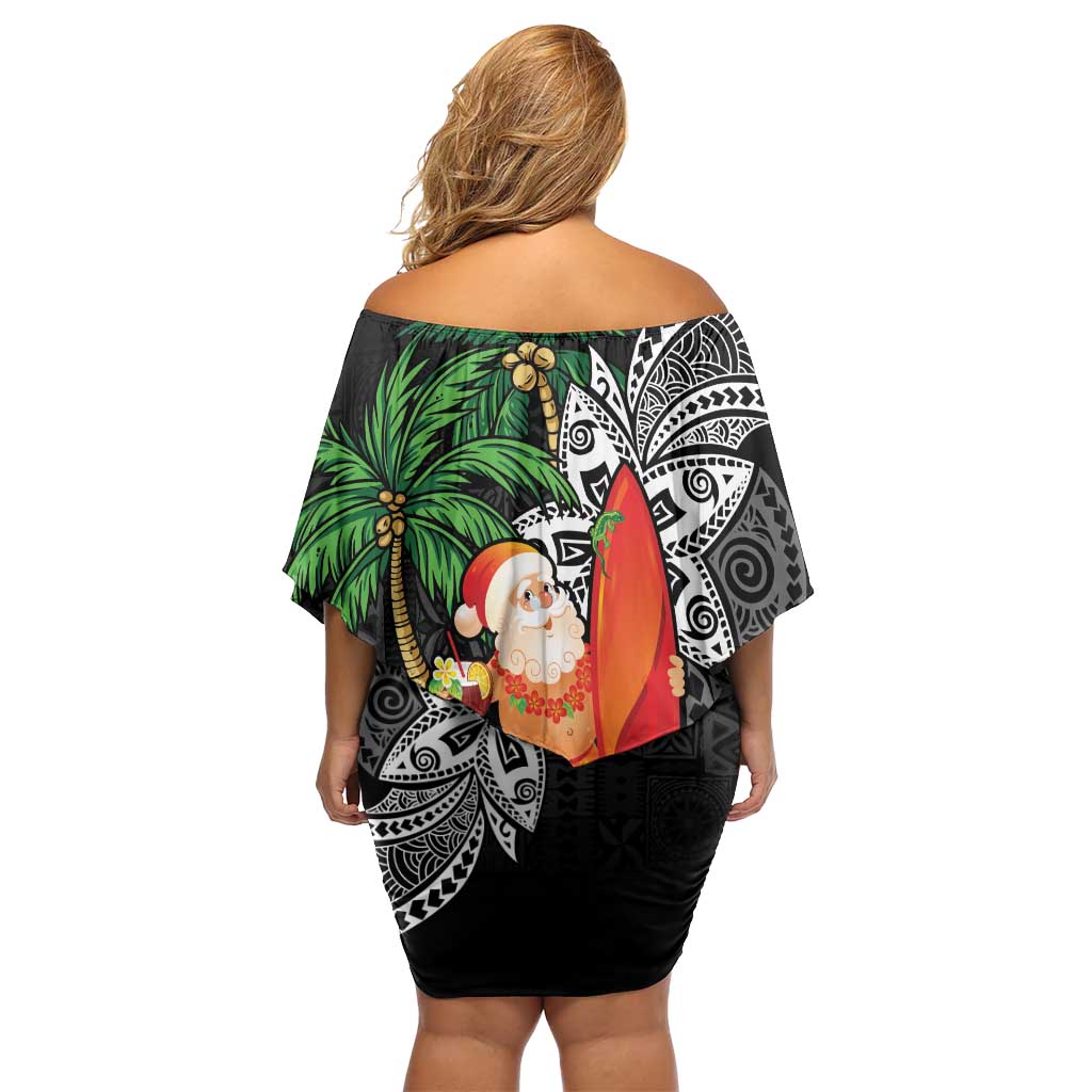 Polynesian Family Matching Off Shoulder Short Dress and Hawaiian Shirt Tropical Santa - Plumeria Black Vintage LT7 - Polynesian Pride