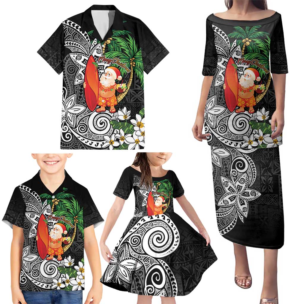 Polynesian Family Matching Puletasi and Hawaiian Shirt Tropical Santa - Plumeria Black Vintage LT7 - Polynesian Pride