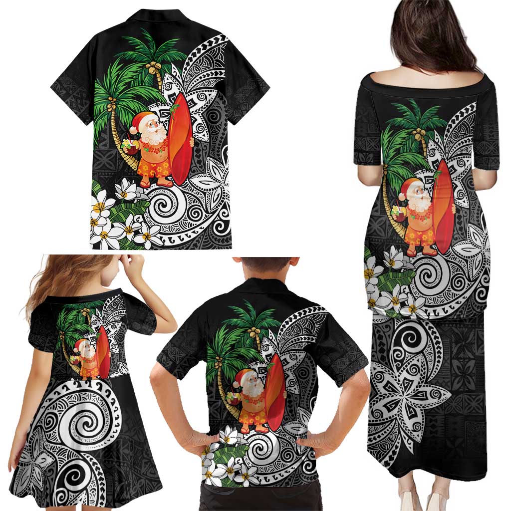 Polynesian Family Matching Puletasi and Hawaiian Shirt Tropical Santa - Plumeria Black Vintage LT7 - Polynesian Pride