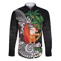 Polynesian Family Matching Puletasi and Hawaiian Shirt Tropical Santa - Plumeria Black Vintage LT7 Dad's Shirt - Long Sleeve Black - Polynesian Pride
