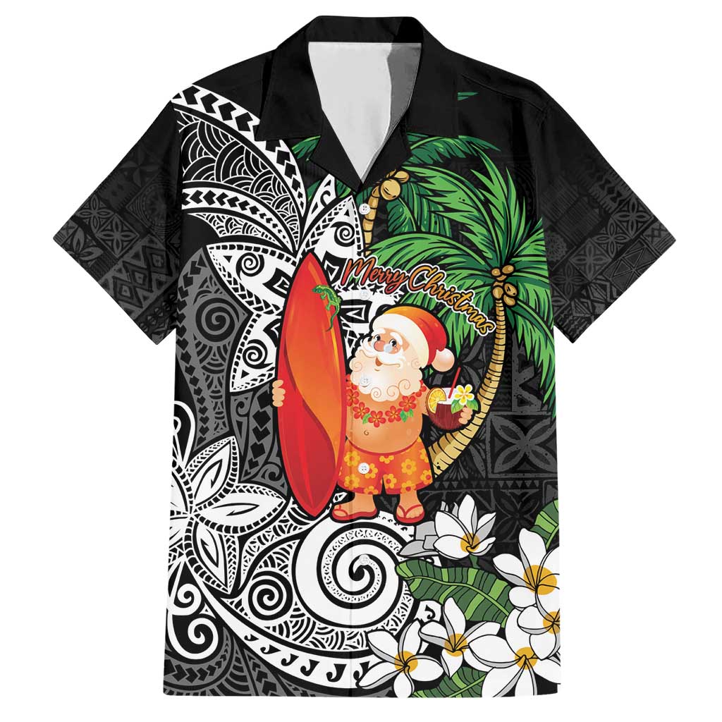 Polynesian Family Matching Short Sleeve Bodycon Dress and Hawaiian Shirt Tropical Santa - Plumeria Black Vintage LT7 Dad's Shirt - Short Sleeve Black - Polynesian Pride