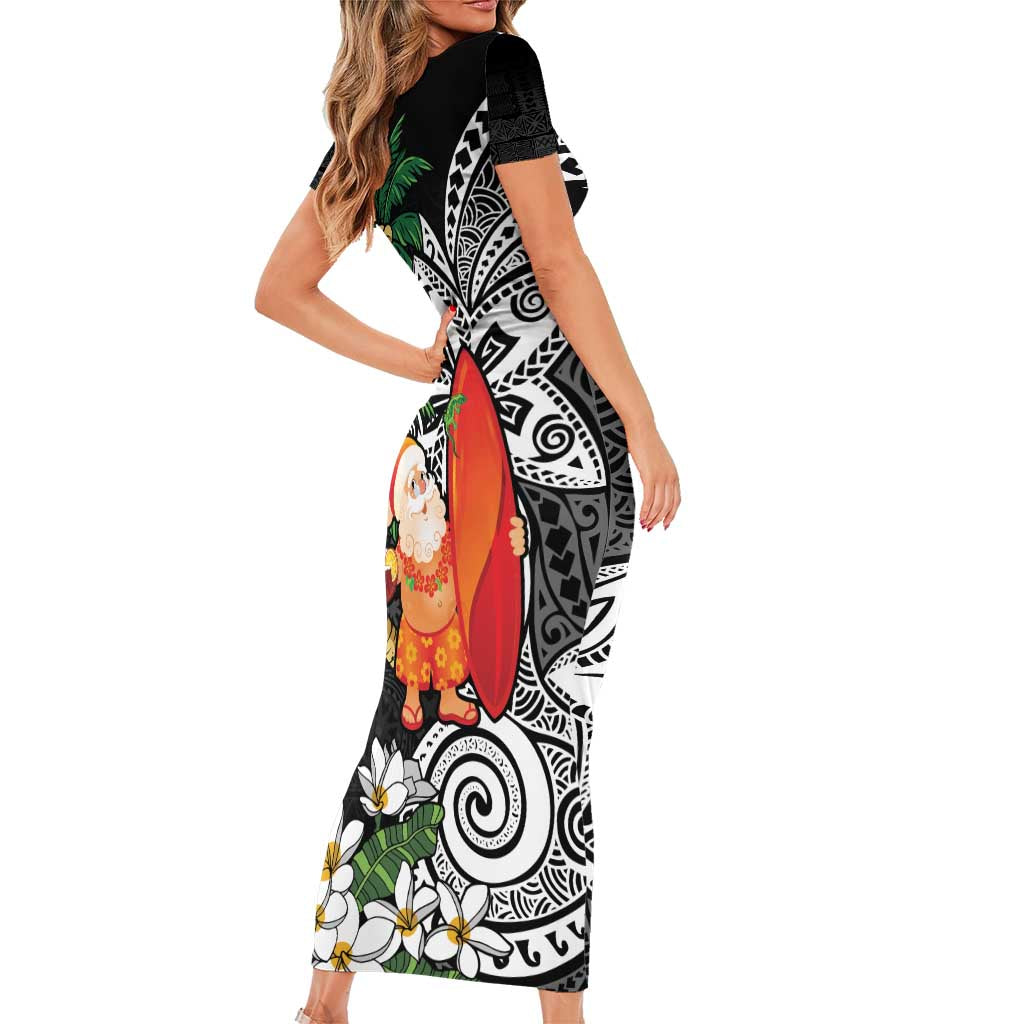 Polynesian Family Matching Short Sleeve Bodycon Dress and Hawaiian Shirt Tropical Santa - Plumeria Black Vintage LT7 - Polynesian Pride
