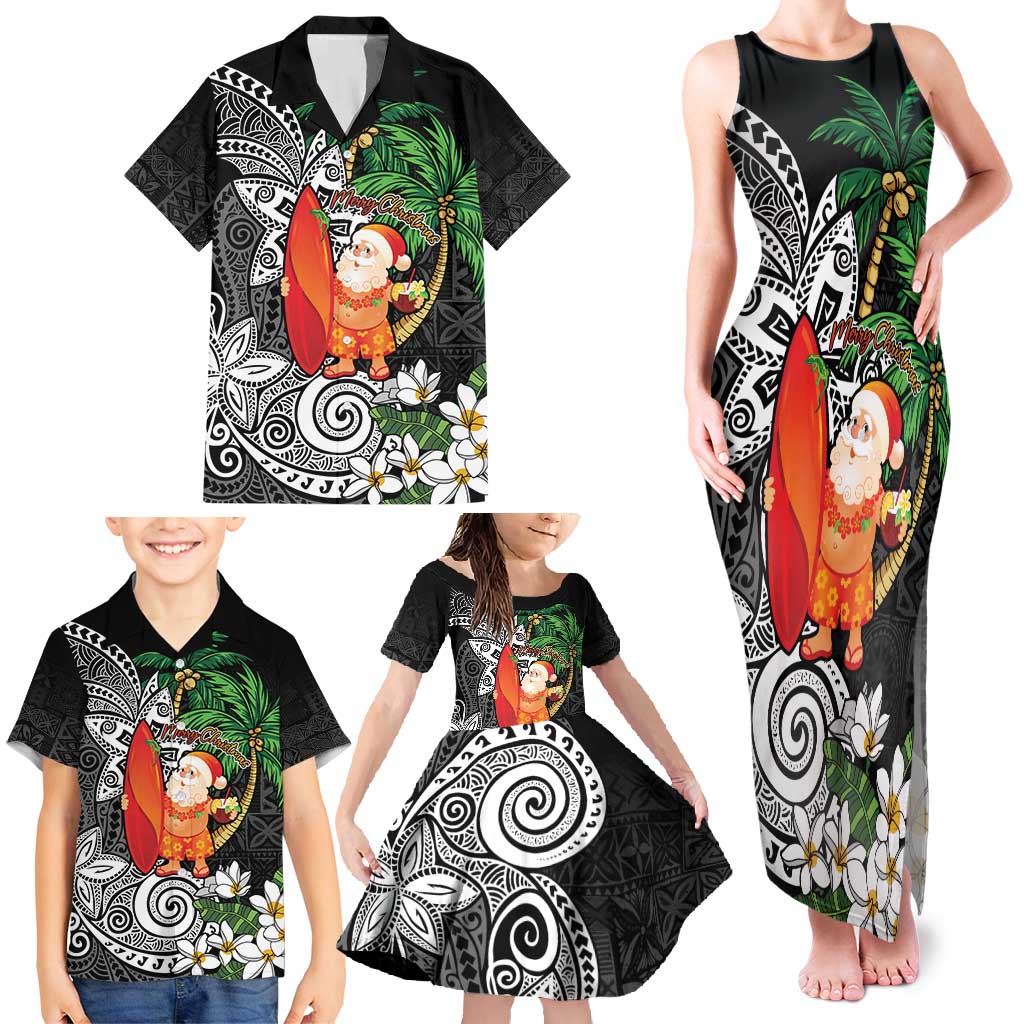 Polynesian Family Matching Tank Maxi Dress and Hawaiian Shirt Tropical Santa - Plumeria Black Vintage LT7 - Polynesian Pride