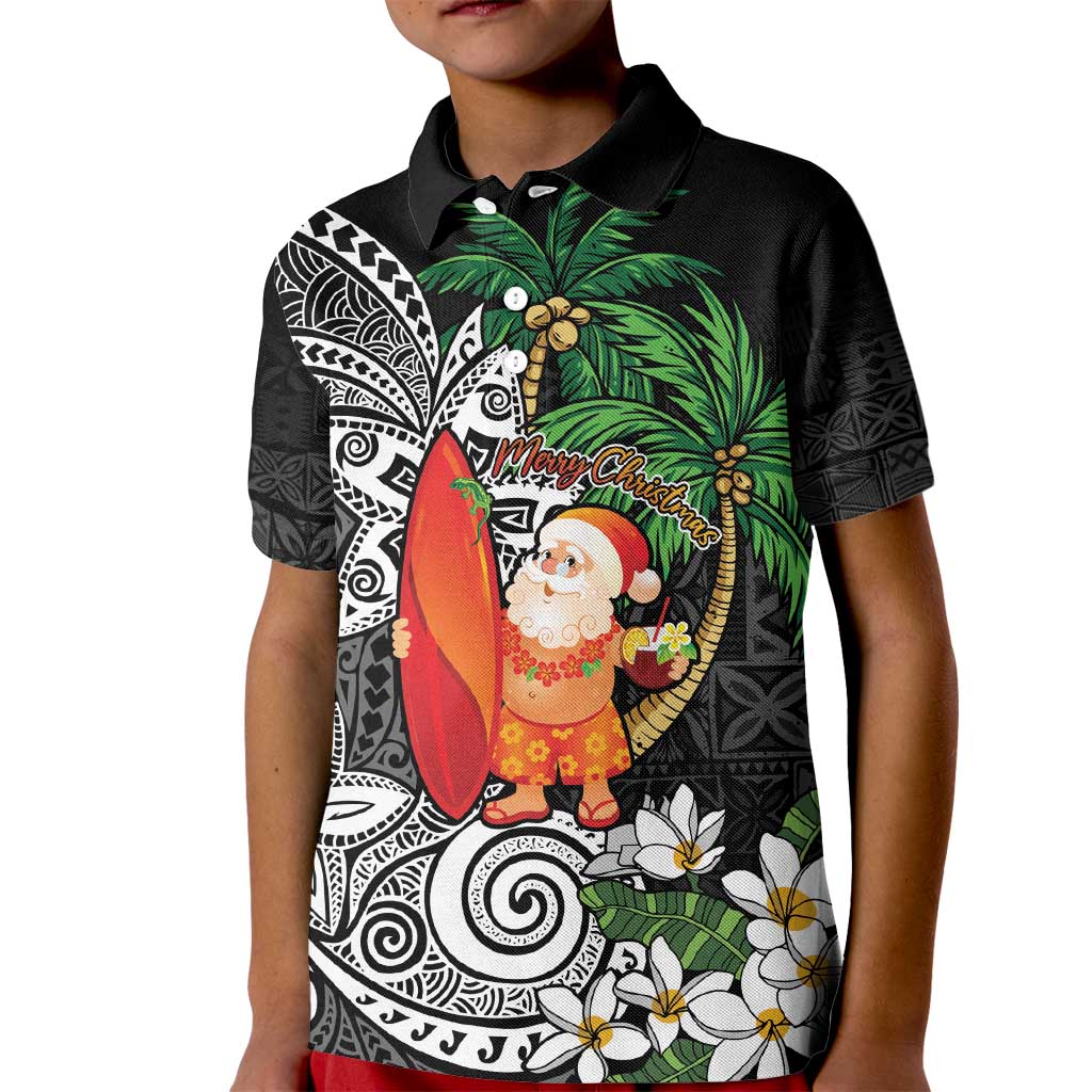 Polynesian Kid Polo Shirt Tropical Santa - Plumeria Black Vintage LT7 Kid Black - Polynesian Pride