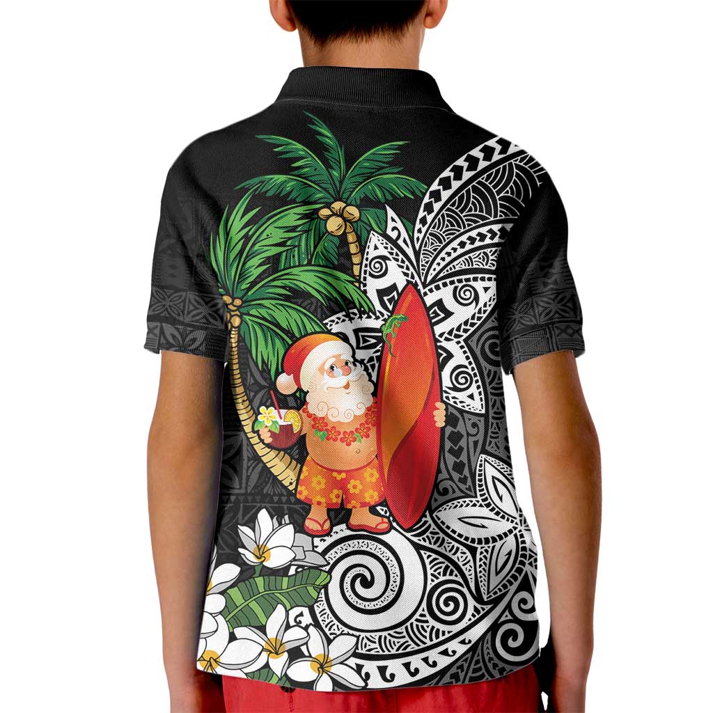 Polynesian Kid Polo Shirt Tropical Santa - Plumeria Black Vintage LT7 - Polynesian Pride