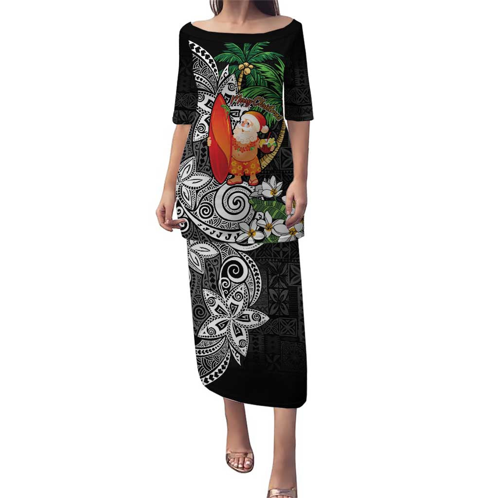 Polynesian Puletasi Tropical Santa - Plumeria Black Vintage LT7 Long Dress Black - Polynesian Pride